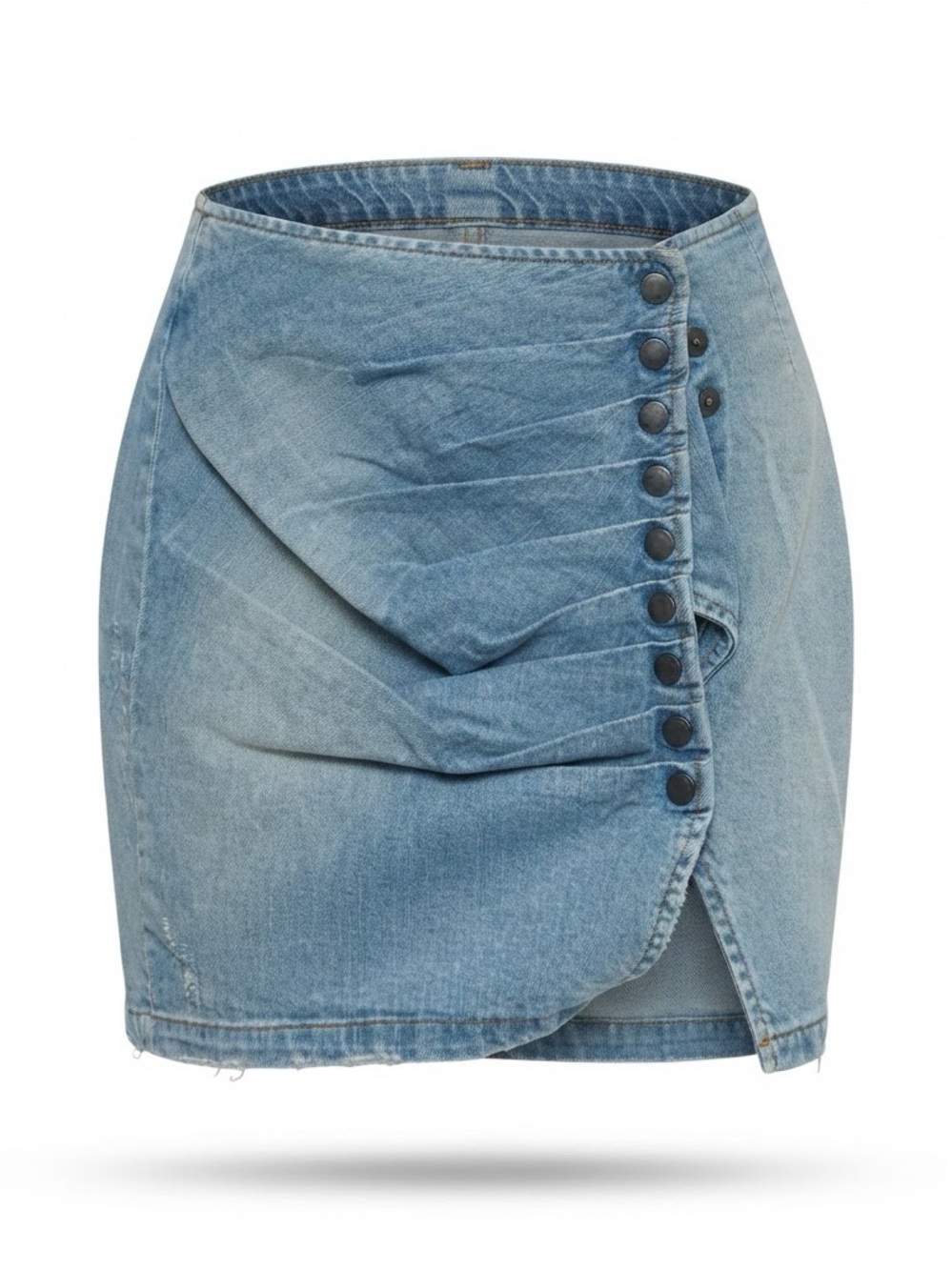 Retrofete Light Blue Asymmetrical Button-Front Denim Mini Skirt